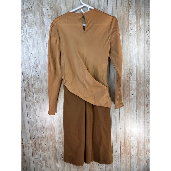 Vintage Carven Dress 40 Camel Faux Draped Two Textured Flare Skirt Keyhole Y2K - Picture 2 of 9